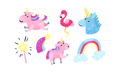 Vector Illustration Set With Cute Unicorn And Flamingo For Design