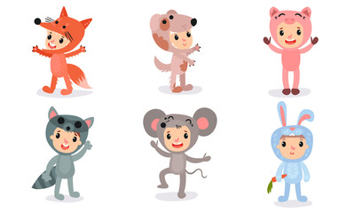 Naklejka premium Set Of Vector Illustrations With Six Children In Different Christmas Or Baby Holiday Costumes