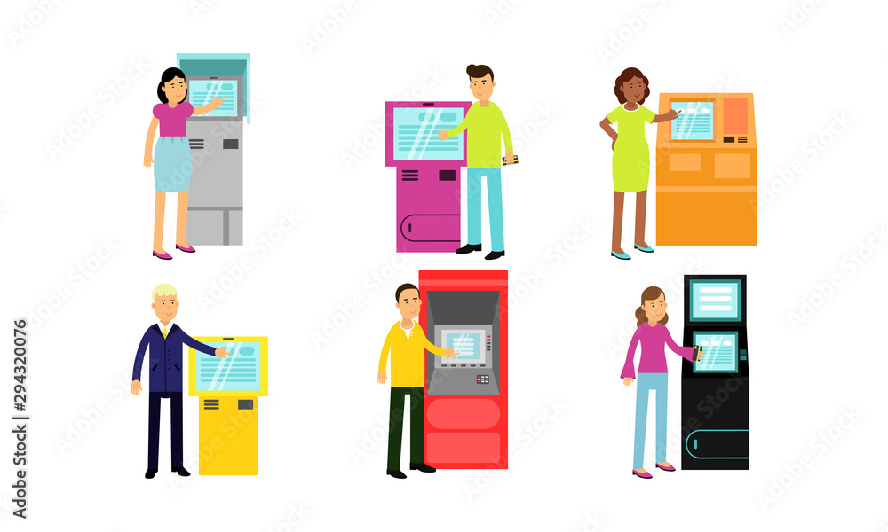 Poster set of vector illustrations with people using kinds of automatic teller machines