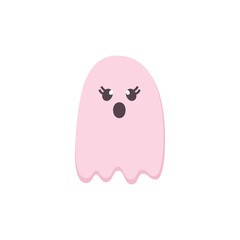 Cute scared Halloween Ghost icon. Pink color Cartoon character. Printable flat style. Traditional symbol of Halloween isolated on white. For seasonal cards, stickers, wallpaper