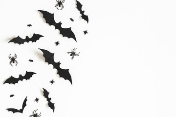 Halloween decorations on white background. Halloween concept. Flat lay, top view, copy space