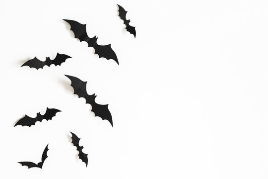 Halloween decorations on white background. Halloween concept. Flat lay, top view, copy space