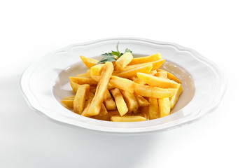 Macro Shot of Fries or French Fries on White Restaurant Plate Isolated
