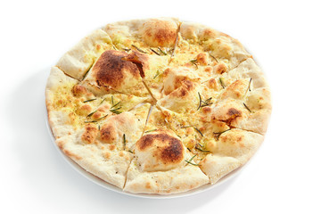 Delicious fried focaccia with rosemary closeup