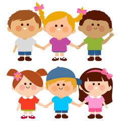 Diverse group of children holding hands. Vector illustration