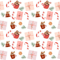 Christmas gift box and cacao mug seamless pattern. Editable vector illustration.