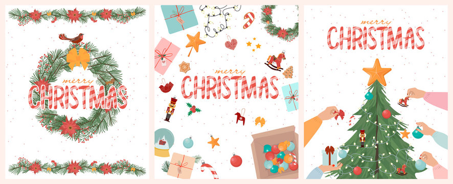 Set of Merry Christmas cards with christmas tree, gift box, floral wreath. Editable Vector illustration