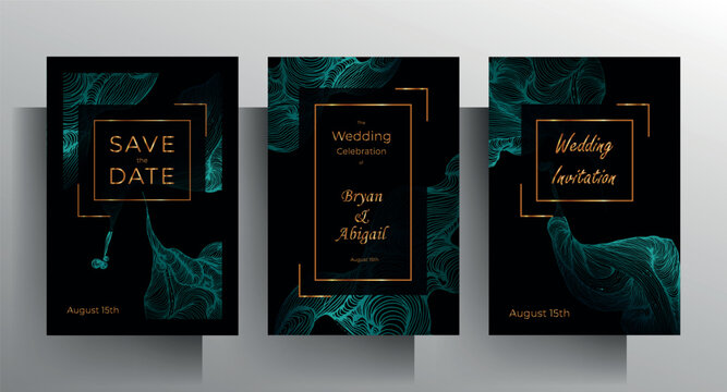 Design wedding invitation template set. Turquoise texture elements and golden frames on a black background are hand-drawn. Vector 10 EPS.