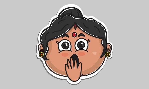 Vector Cartoon Illustration. Indian Aunty Shocking Expression. Isolated On Grey Background.