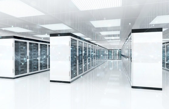 Connection network in servers data center room storage systems 3D rendering