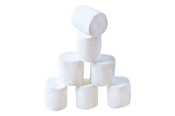 Heap of seven pieces of raw sweet tasty marshmallows cylindrical form isolated on white background. Close-up