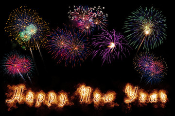 Happy New Year letters with sparkle, fire and fireworks on black background