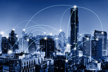 Fototapeta na wymiar Network Telecommunication and Communication Connect Concept, Connection 5G Networking System of Infrastructure and Cityscape at Night Scenery. Technology Digital Connectivity and Information Transfer