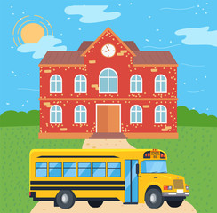 Bus near school, public transport and education building, exterior of construction. Study place and yellow vehicle, college and road, knowledge vector. Back to school concept. Flat cartoon