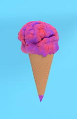 Pink purple ice cream brain on blue background. Healthy food. Vitamins. Good for brains. 3D rendering.