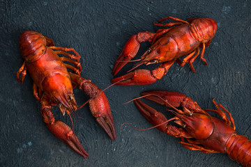 Boiled red crayfish on a wooden chopping Board. Black background, top view, close up