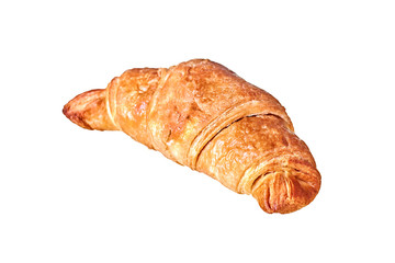One fresh warm crispy whole croissant filled of different tasty cream or jam isolated on white background without shadow. Close-up