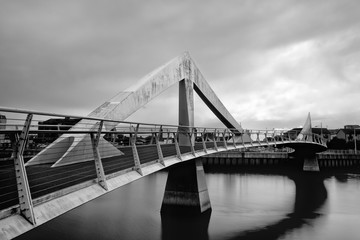 Tradeston Bridge on the river Clyde in black and white, Glasgow, Scotland, UK