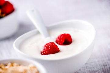 yogurt with forest fruits in white porcelain bowl. Yogurt with raspberries and blueberries.