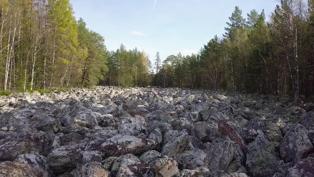 Taganay National Park in Russia in Autumn. Aerial View of "Big Stone River", Biggest Deposit Occurrence of Aventurine Quartz