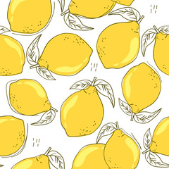 Fresh lemons, background. Hand drawn overlapping backdrop. Colorful wallpaper vector. Seamless pattern with citrus fruits. Decorative illustration, good for printing