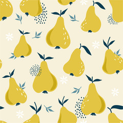 Pears and leaves background. Hand drawn overlapping backdrop. Colorful wallpaper vector. Seamless pattern with fruits. Decorative illustration, good for printing. Design poster