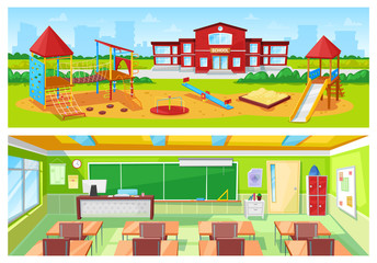 School yard and classroom vector, room interior and exterior of building. Carousel for kids and sandbox. Rows of desks for students 3d isometric style. Back to school concept. Flat cartoon