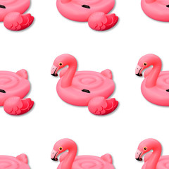 Pink flamingo background. Swimming pool toy in shape of pink flamingo seamless pattern. Flamingo inflatable cut out. Top view, flat lay.