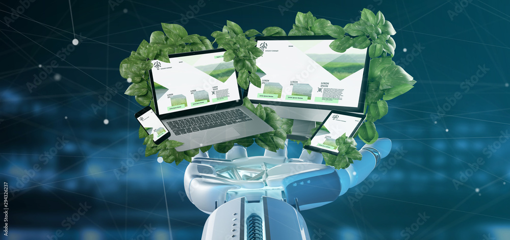 Poster cyborg holding a connected devices surrounding by leaves 3d rendering