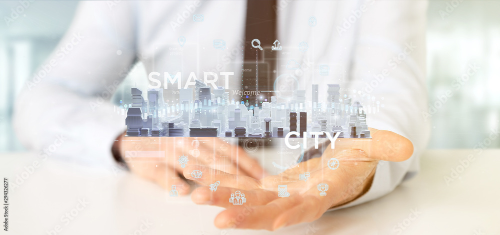 Poster businessman holding smart city user interface with icon, stats and data 3d rendering
