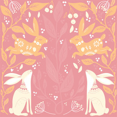 Scandinavian folk art card with bunny and flowers