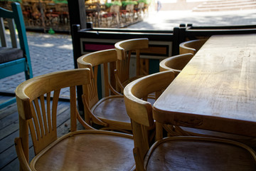 Wooden Vintage chairs in cafe, modern cozy interior