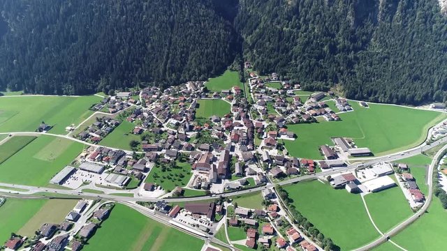 Aerial view of Schlitters a small town in Zillertal valley in Austria near the strongly glaciated section of the Alps in which it lies it is one of the areas in Tyrol which is most visited by tourists