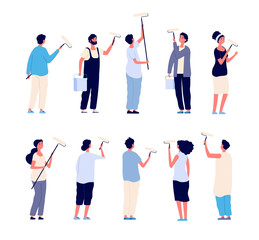 Painters. Men and women painter holding paint rollers and painting home wall. Vector cartoon isolated characters. Paint worker, painter person renovation illustration