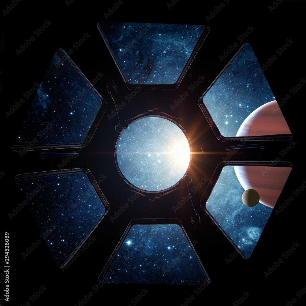 Poster earth and galaxy in spaceship international space station window porthole. elements of this image fu