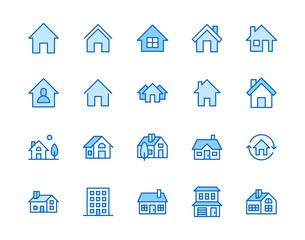 Houses flat line icons set. Home page button, residential building, country cottage, apartment vector illustrations. Outline simple signs for real estate. Pixel perfect 64x64. Editable Strokes