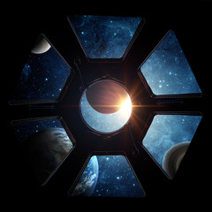 Earth and galaxy in spaceship international space station window porthole. Elements of this image furnished by NASA.