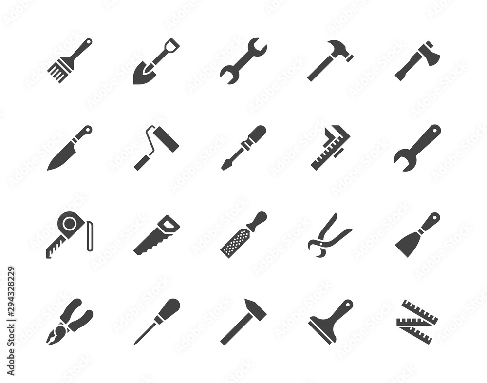 Wall mural Construction tools flat glyph icons set. Hammer, screwdriver, saw, spanner, paintbrush vector illustrations. Black signs for carpenter, builder equipment store ilhouette pictogram pixel perfect 64x64