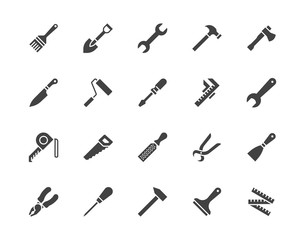 Construction tools flat glyph icons set. Hammer, screwdriver, saw, spanner, paintbrush vector illustrations. Black signs for carpenter, builder equipment store ilhouette pictogram pixel perfect 64x64