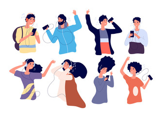 People listen music with earphones. Happy young men and women with headphones and smartphone isolated vector cartoon characters. Woman and man dancing listening music in headphones illustration