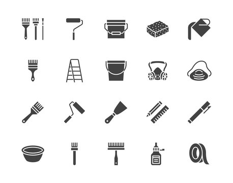 Painter tools flat glyph icons set Home renovating equipment roller paintbrush ladder masking tape, respirator vector illustrations. Signs interior design. Silhouette pictogram pixel perfect 64x64