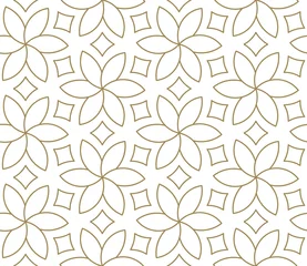Behang Naadloos bloemenpatroon met abstracte geometrische lijntextuur, goud op witte achtergrond. Licht modern eenvoudig behang, heldere tegelachtergrond, zwart-wit grafisch element © nadiinko