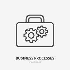 Gear flat line icon. Vector thin sign of cogwheel and suitcase, development concept, business process logo. Strategy management outline illustration
