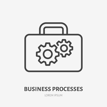 Gear flat line icon. Vector thin sign of cogwheel and suitcase, development concept, business process logo. Strategy management outline illustration