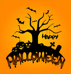 Fototapeta na wymiar Halloween illustration with chimeric pumpkins, tree and bat on hill.
