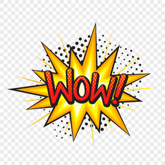 Wow comic style banner isolated on transparent background. Vector Illustration 