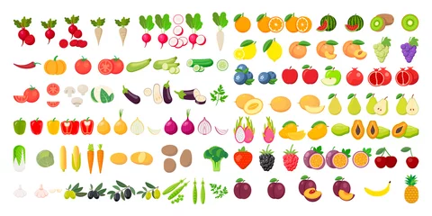 Poster Vector fruits and vegetables icon set isolated on white background. Vector illustration. © brovkoserhii