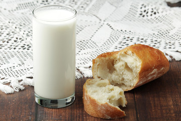 A glass of milk and wheat bread as countryside breakfast	