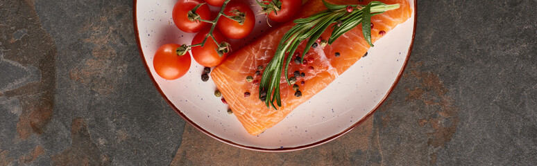 panoramic shot of raw salmon steak with tomatoes, rosemary and pepper on plate