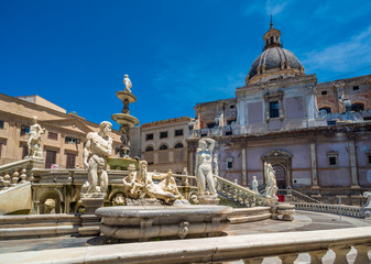 Piazza Pretoria and the Praetorian Fountain in Palermo, Sicily, Italy.